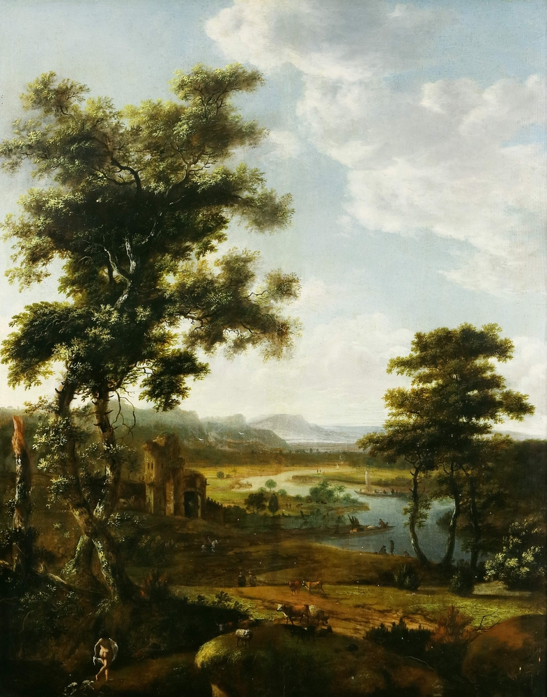 Auktionshaus Quentin Berlin  Gemälde Sonjé  Jan Gabrielsz.  wohl  Weite Flusslandschaft mit Ruinen  Booten  Tier- und Personenstaffage.