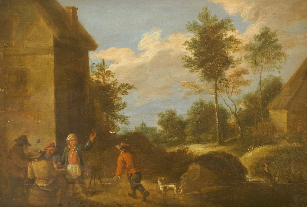 Auktionshaus Quentin Berlin  Gemälde Teniers  David  d. J.  zugeschr.  Dorflandschaft mit drei zechenden Bauern
